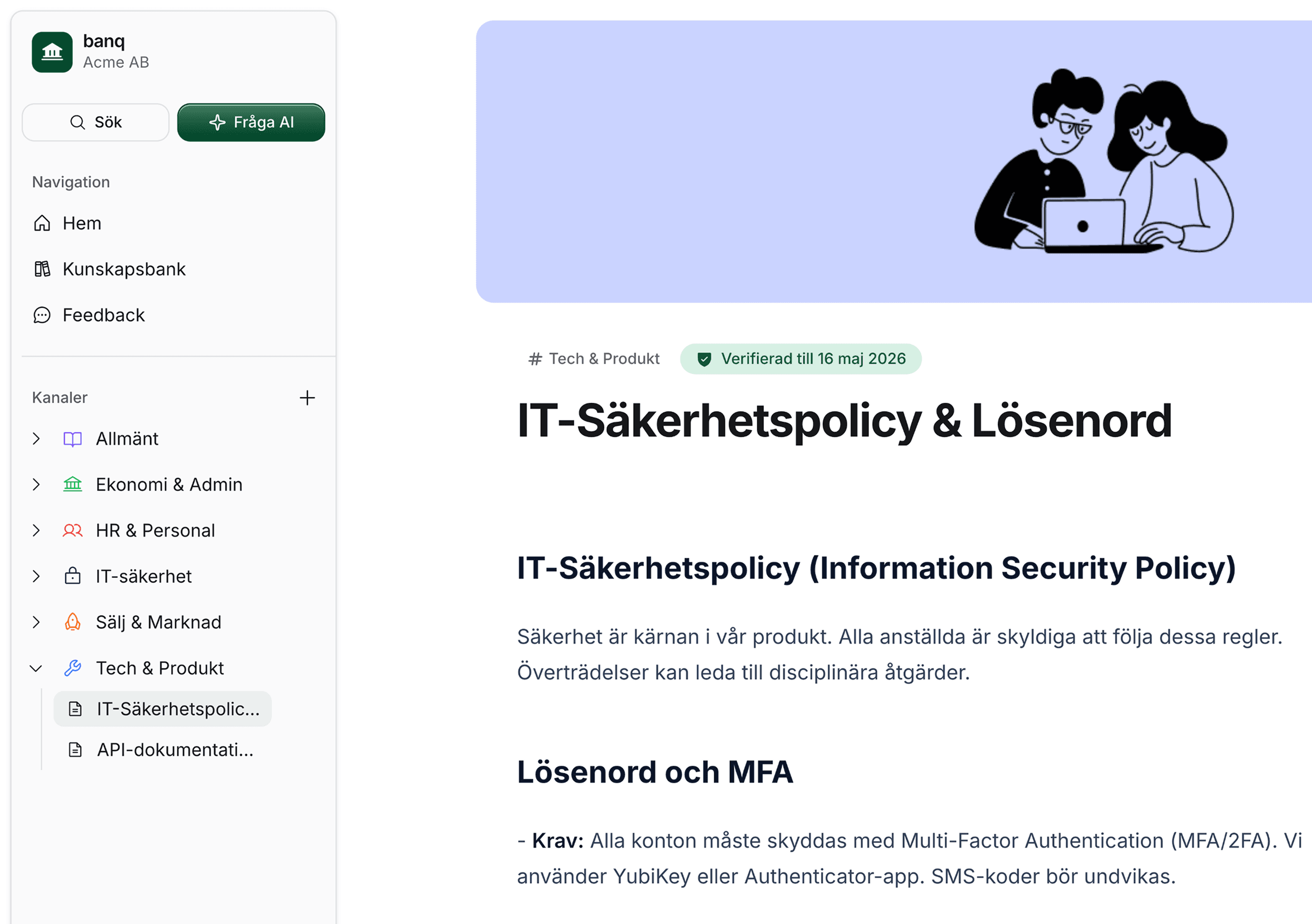 Kunskapsbanken – gränssnitt med kanaler, dokument och IT-säkerhetspolicy